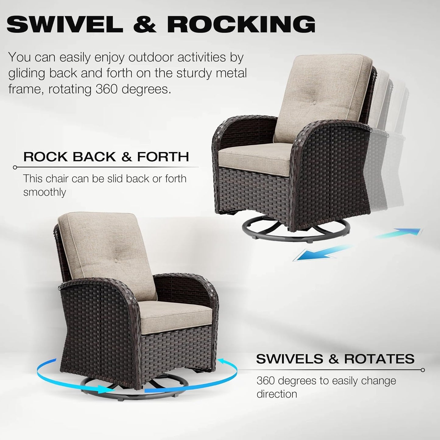 Joyside 9 Piece Patio Furniture Set, Outdoor Wicker Conversation Sets with Swivel Rocker Chairs and Sofa, Thick Cushion, Rattan Patio Sectional for Porch, Deck Use (Brown/Beige, 9 PCS)