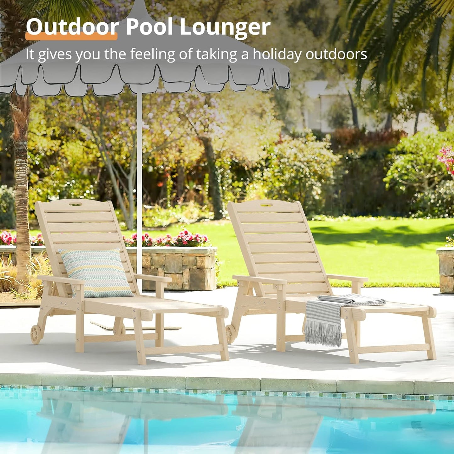 LUE BONA Chaise Lounge Chairs Set with Table, 6-Piece, 79'' Oversized HDPS Chaise Lounger, 5 Positions Adjustable Patio Lounge Chairs, Pool Lounge Chair with Wheels for Poolside, 3-Year Warranty, Sand