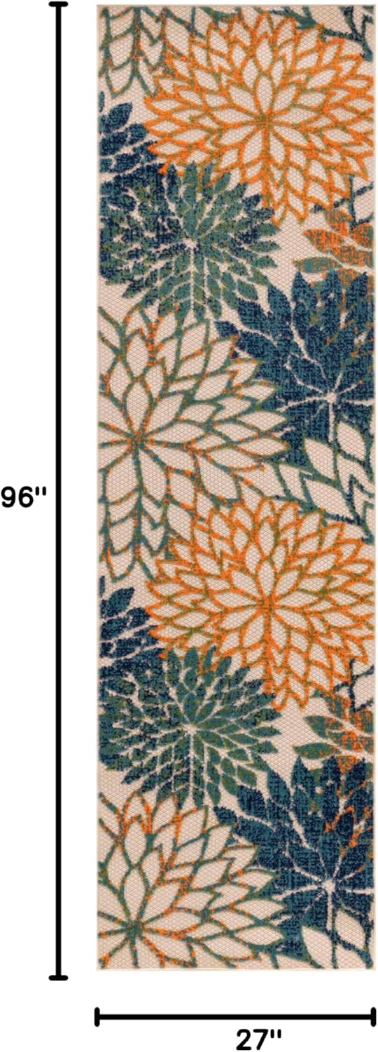 Nourison Home Aloha Indoor/Outdoor Blue Green 2'3" x 8' Area Rug, Easy Cleaning, Non Shedding, Bed Room, Living Room, Dining Room, Backyard, Deck, Patio (2x8)