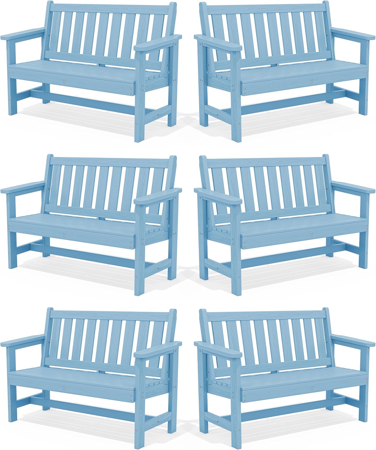 SERWALL Outdoor Bench, HDPE Outdoor Benches Weatherproof, 2-Person Garden Bench with 660 lbs Weight Capacity, Patio Benches for Outdoors, Garden, Porch, Backyard and Park, Light Blue, 6 Pack