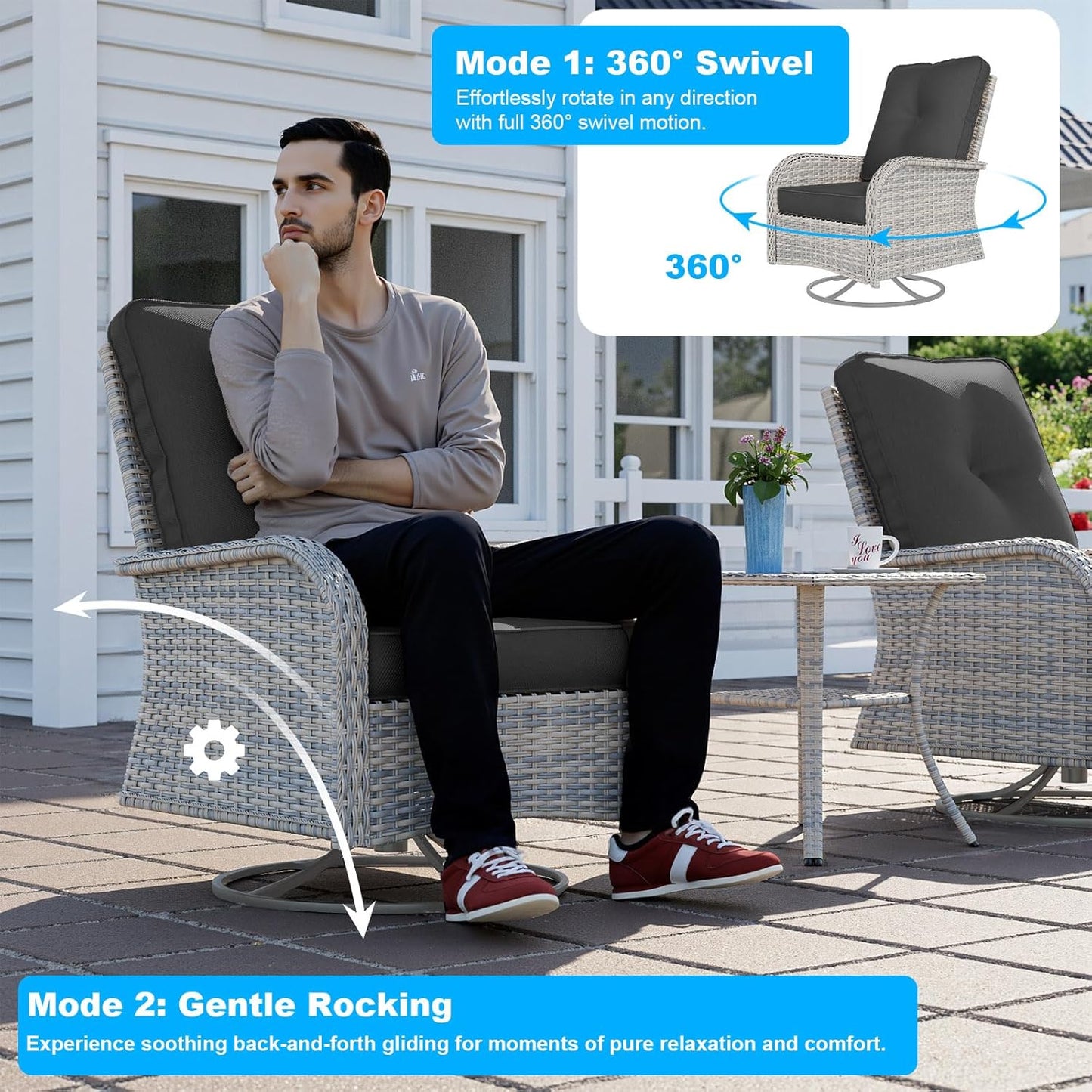 12-Piece Patio Furniture Set, Outdoor Patio Furniture with Swivel Chairs Set, Ottomans, Modular Patio Sofa, Dual-Strand Wicker Rattan, Rust-Resistant Frame, Black