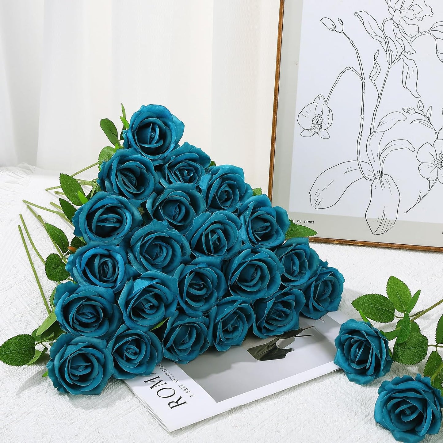 36 Pcs Teal Artificial Roses with Long Stems, Blue Green Fake Silk Rose Artificial Flowers Bulk for Bridal Wedding Bouquet Centerpiece Ball Arrangement Party Decor