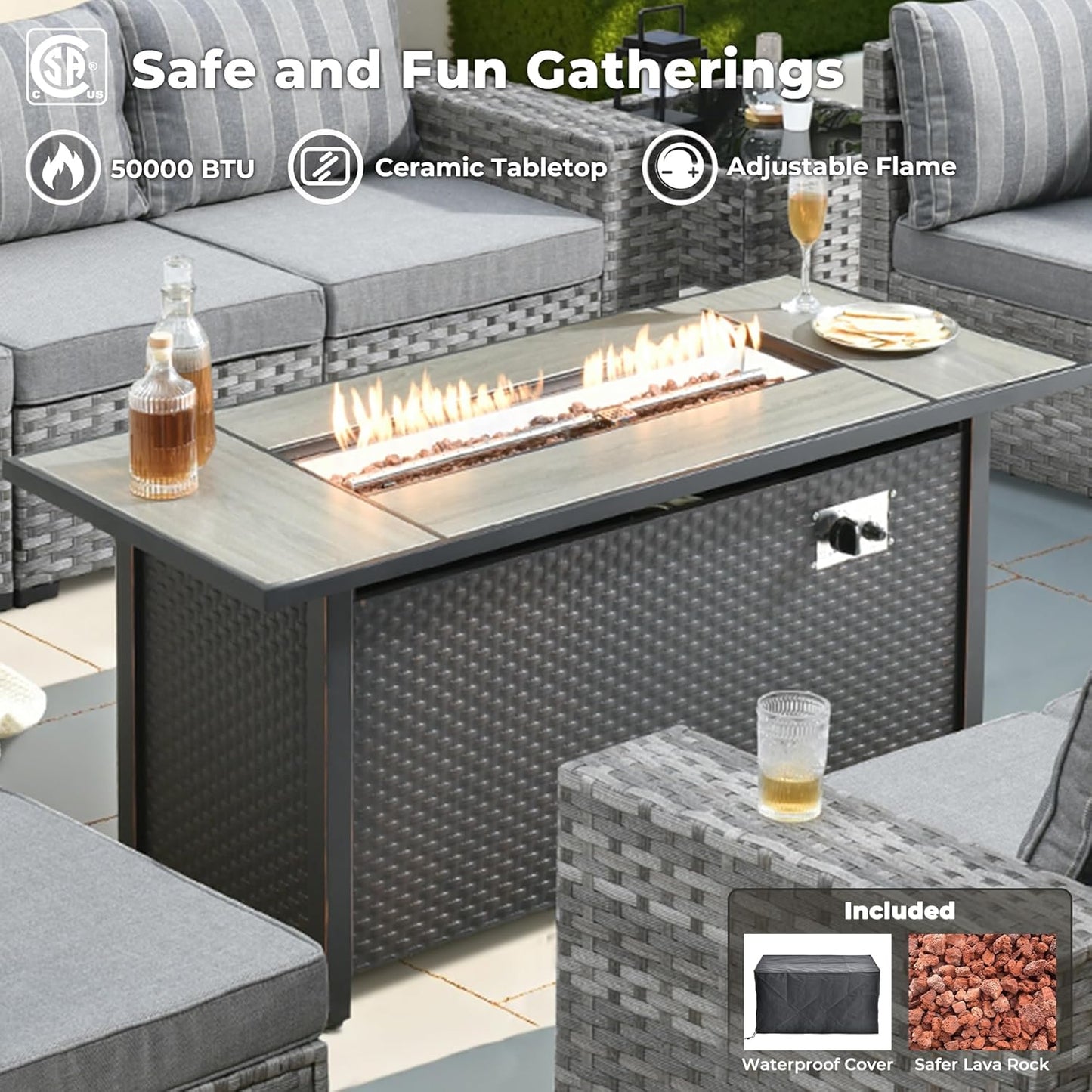 ovios 10 Pieces Patio Furniture Set, Outdoor Wicker Sectional Sofa with 54" Fire Pit Table Swivel Chairs, Modern Modular Deep Seat Rattan Couch Conversation Sets, Dark Gray Stripe