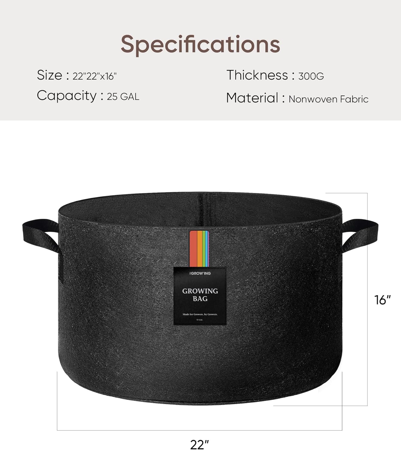 The Growing 5 Pack 25 Gallon Fabric Grow Bags，Thickened Aeration Nonwoven Fabric Plant Pots with Durable Handles,Heavy Duty 300G Planter Pot for Tomato, Fruits, Vegetables and Flowers, Black