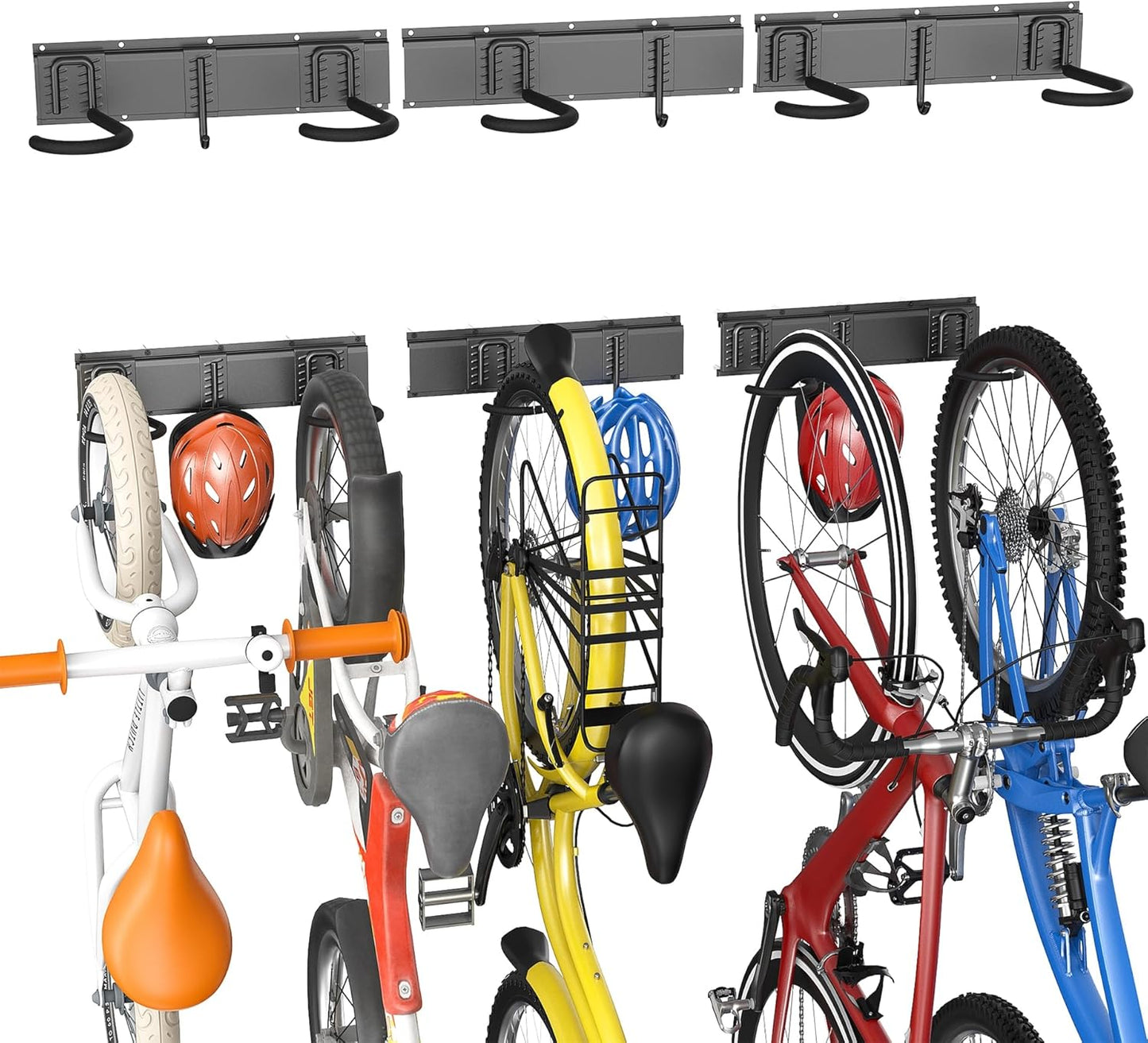 TORACK Wall Mounted Bike Storage Rack, Vertical Bikes Storage for Garage 5 Bikes Hangers for Wall, Modular Bicycle Storage Rack(3 Rails, 8 Hooks)