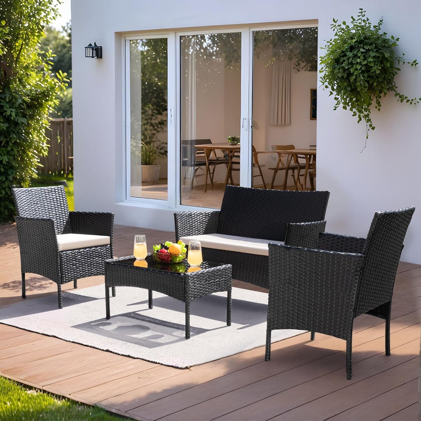 Greesum Patio Furniture 4 Pieces Conversation Sets Outdoor Wicker Rattan Chairs Garden Backyard Balcony Porch Poolside loveseat with Cushion and Glass Table, Black and Beige