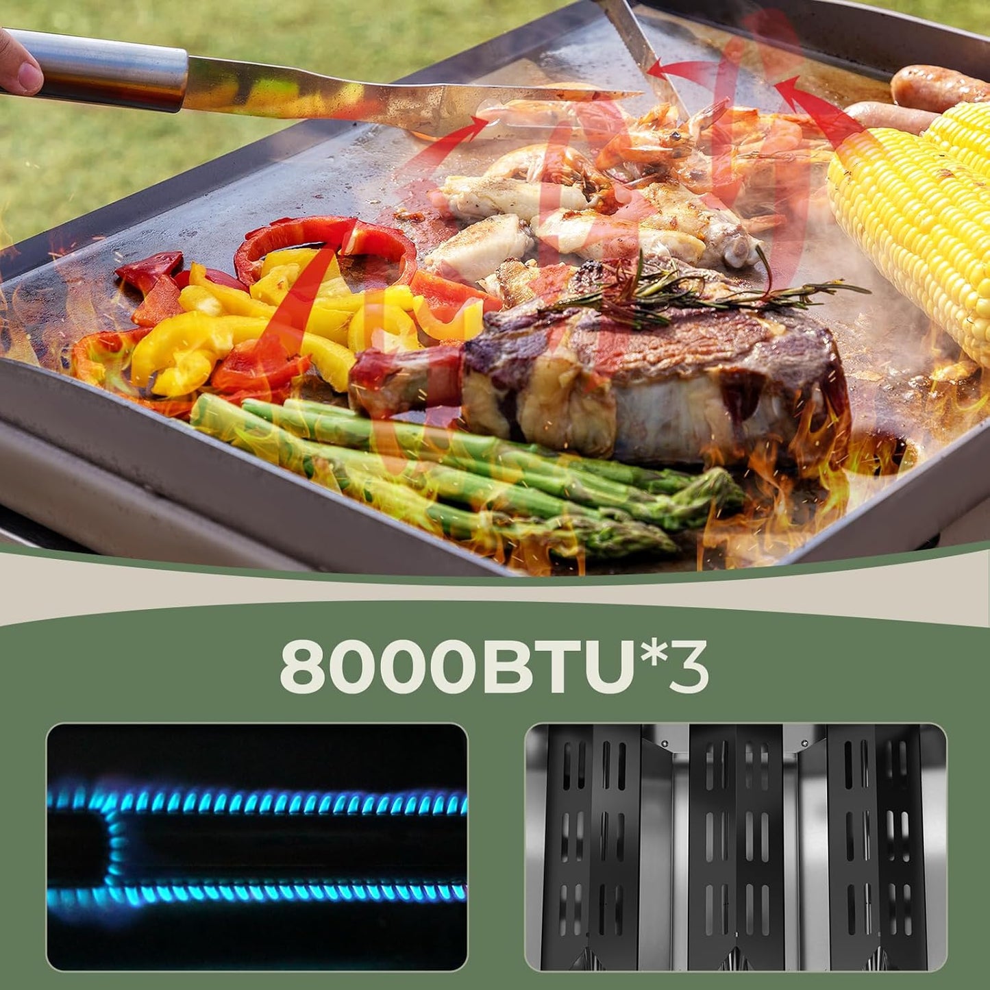 R.W.FLAME 3-Burner Tabletop Propane Gas Grill Stainless Steel Portable Outdoor Griddle,24,000 BTU Compact Flat Top Camping BBQ Grill,347 Sq. In. Cooking Area