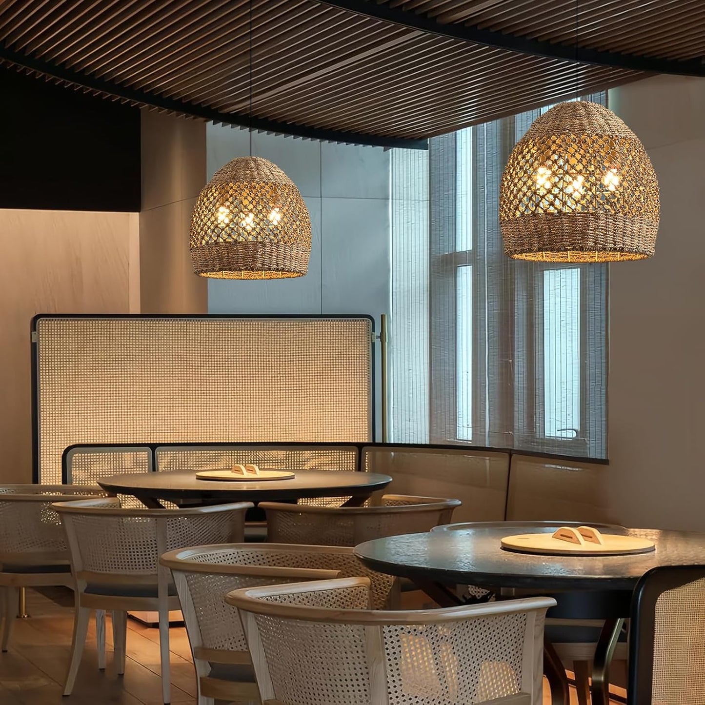 Rattan Pendant Fixtures, 13.39" Boho Wicker Chandelier,3-Light Hand-Woven Seagrass Ceiling Hanging Lights for Kitchen Islands, Dining Rooms, and Farmhouses.