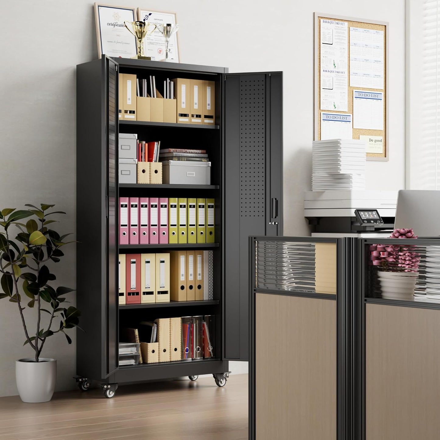 73" H Metal Garage Storage Cabinet with Wheels & Pegboard,Rolling Tool Cabinet with 2 Doors and 4 Shelves for Garage,Home,Office,Warehouse,Workshop, Required-Assembly,Black