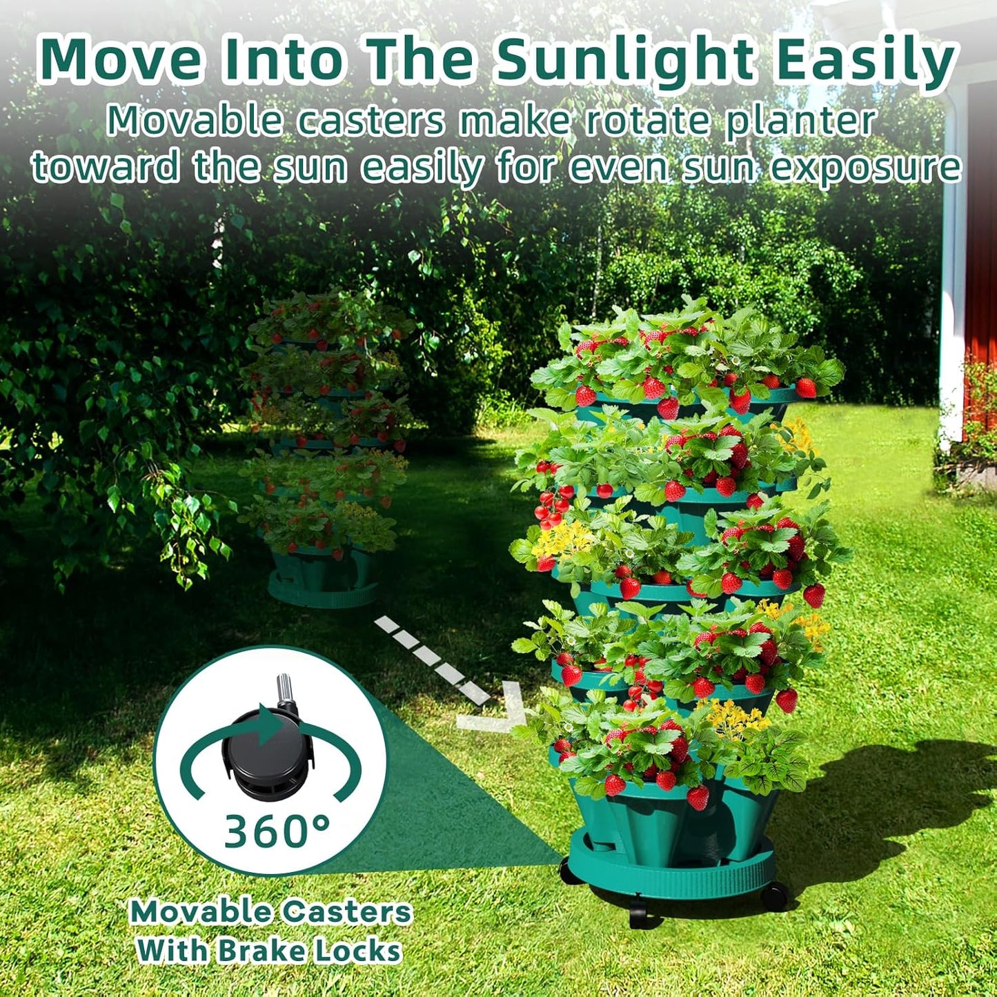 Strawberry Stackable Planters, Vertical Tower Garden, 6 Tiered Stacking Herb Vegetable Planters with Movable Casters and Bottom Saucer Indoor and Outdoor