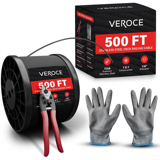 500FT 1/8" T316 Stainless Steel Cable - 7x7 Strands Wire Rope - Black Phosphate Coating - Cable Cutters & Gloves Included - Aircraft Cable for Indoor & Outdoor - Cable Railing Stair Deck