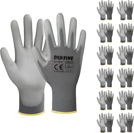DULFINE Safety Work Gloves PU Coated-12 Pairs,Grey Seamless Knit Glove with Polyurethane Coated Smooth Grip on Palm & Fingers, for Men and Women, Ideal for General Duty Work (XX-Large)