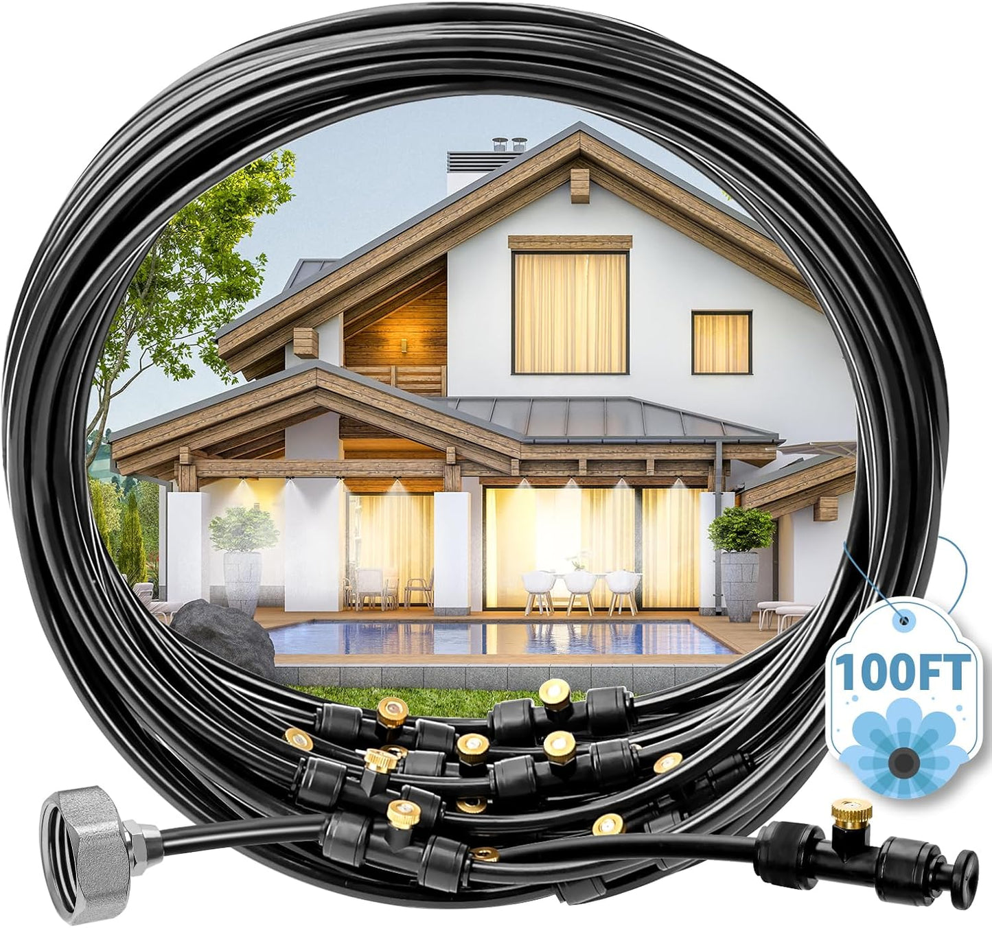 MIXC Misters for Outside Patio, 100FT (30M) Misting Line+27 Mist Nozzles+3/4" Brass Adapter, Outdoor Misting Cooling System for Patio Backyard Greenhouse Trampoline Horse Corral