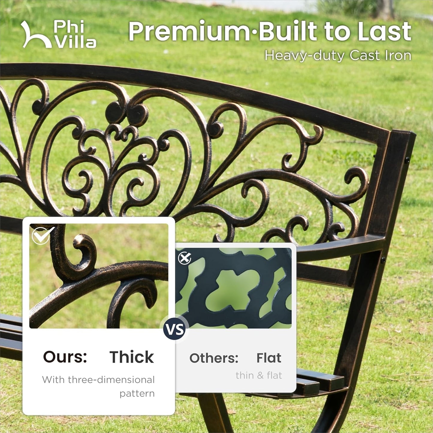 PHI VILLA 50" Garden Bench Outdoor Bench Patio Bench for Outdoors Metal Porch Steel Frame Furniture for Yard