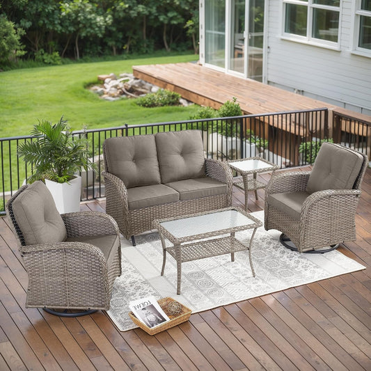 5 Piece Outdoor Patio Furniture Set with Deep Seating Swivel Rocker Chairs Loveseat and Rattan Coffee Table Outdoor Conversation Sets for Deck Backyard Poolside,Gray Wicker Gray Cushion