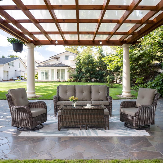 Wicker Outdoor Furniture Patio Furniture Set - 6 Piece Patio Conversation Set with Swivel Rocker Chairs, Rattan Sofa, Ottomans and Coffee Table, Gray Cushion