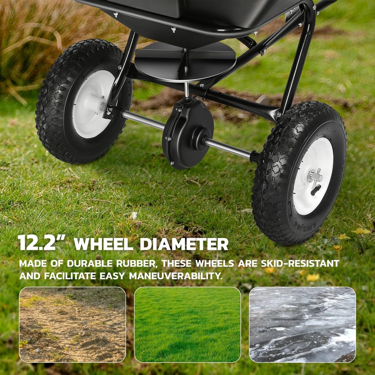 DNA MOTORING Tow Behind Broadcast Spreader, 125 LB / 60L Capacity, Multi Use Tool for Fertilizer, Grass Seed, Salt, Ice Melt, Lawn and Garden Seeder, with Wheels, with Wheels, TOOLS-00612