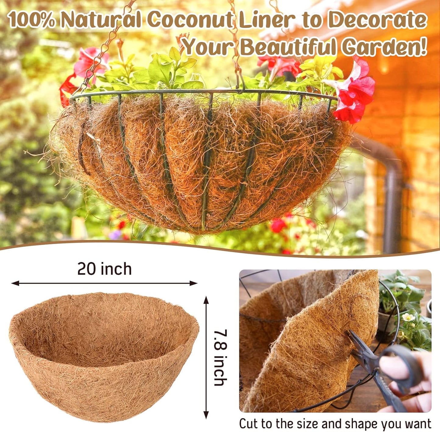 Legigo 3 Pack 20 Inch Hanging Basket Coco Liners Replacement, 100% Natural Round Coconut Coco Fiber Planter Basket Liners for Hanging Basket Flowers/Vegetables
