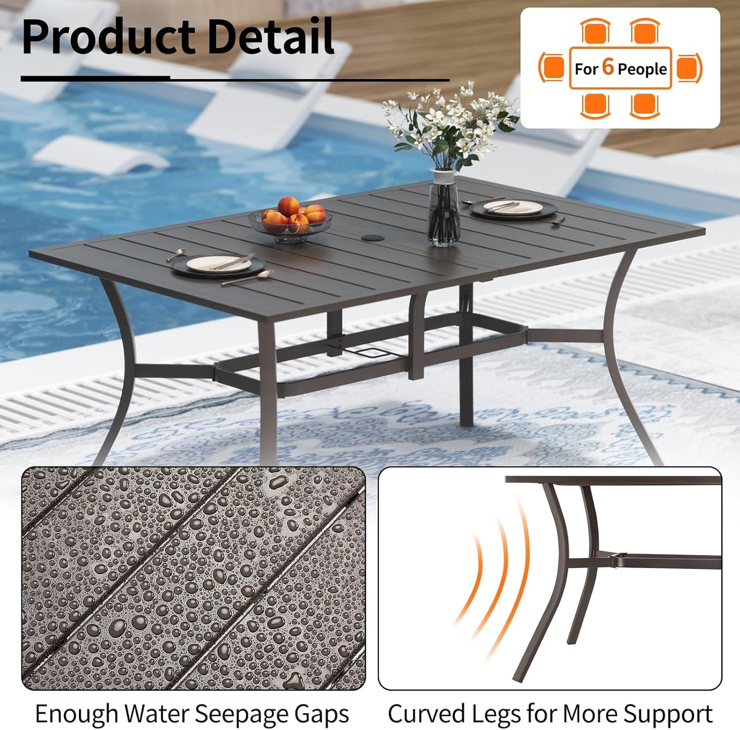 Outdoor Metal Steel Rectangle Patio Dining Table, 6 Person Patio Table with Adjustable Umbrella Hole, Weather-Resistant for Garden Backyard Porch, Dark Brown