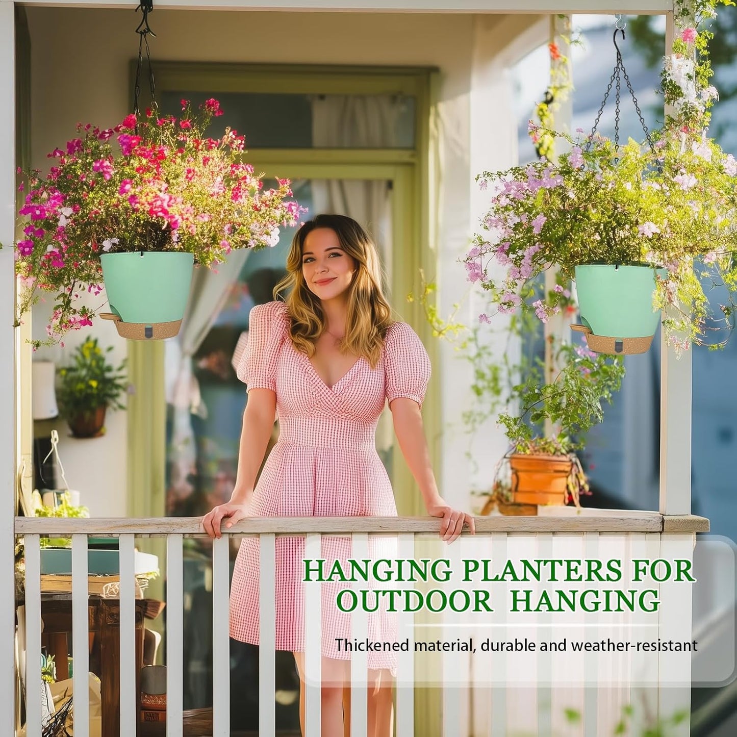 Hanging Planter for Indoor Plants 8 Inch, 2 Pack Self Watering Hanging Baskets for Plants, Hanging Flower Pots with Drainage Hole & 2 Kinds of Plant Hangers for Garden Home Decor (Green, 8 inch)