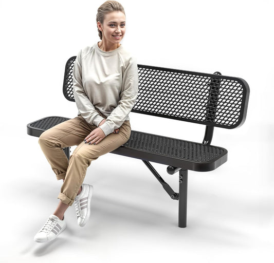 Heavy-Duty Outdoor Metal Bench, Thermoplastic-Coated, Inground, Weatherproof, Commercial-Grade for Parks, Gardens, Patios, Stores & More (4 Ft - Inground with Back, Black)
