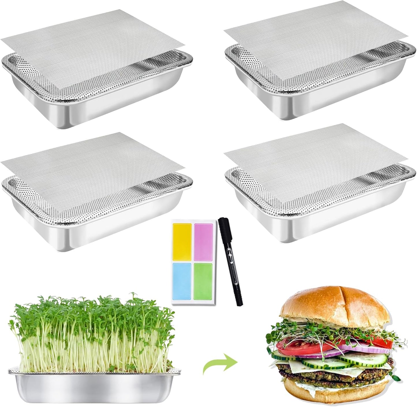 Stainless Steel Sprouts Growing Kit 4-Tier 12.4 inch Trays, Microgreens Growing Kit, Seed Sprouting Tray with Encrypted Mesh Sprouts for Beans Alfalfa Broccoli Wheat Grass