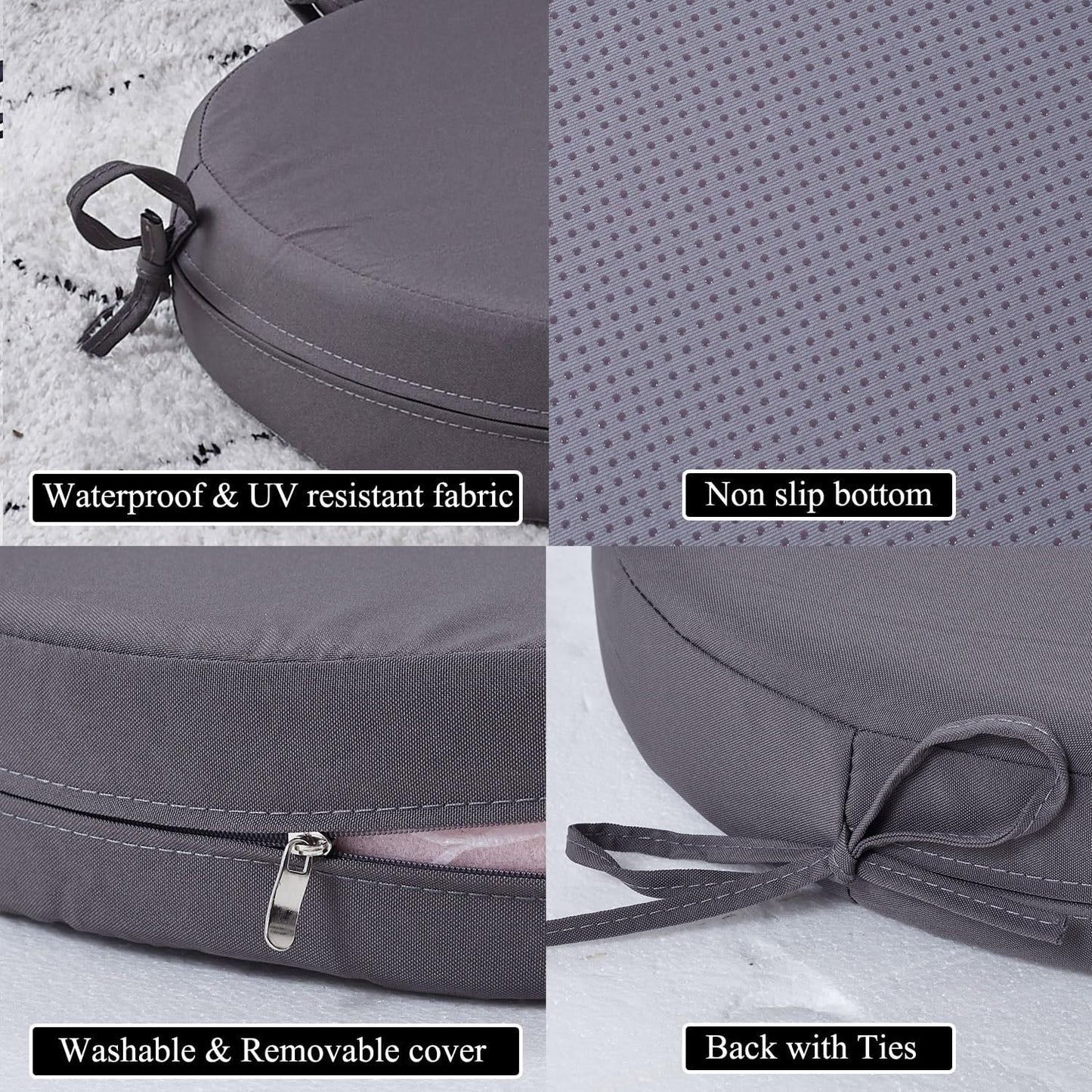 15 x 15 Inch Round Cushions for Outdoor Furniture Non-Slip Waterproof Patio Bistro Chair Cushion with Ties Bar Stool Seat Cushion for Kitchen Chairs Set of 2, Dark Gray