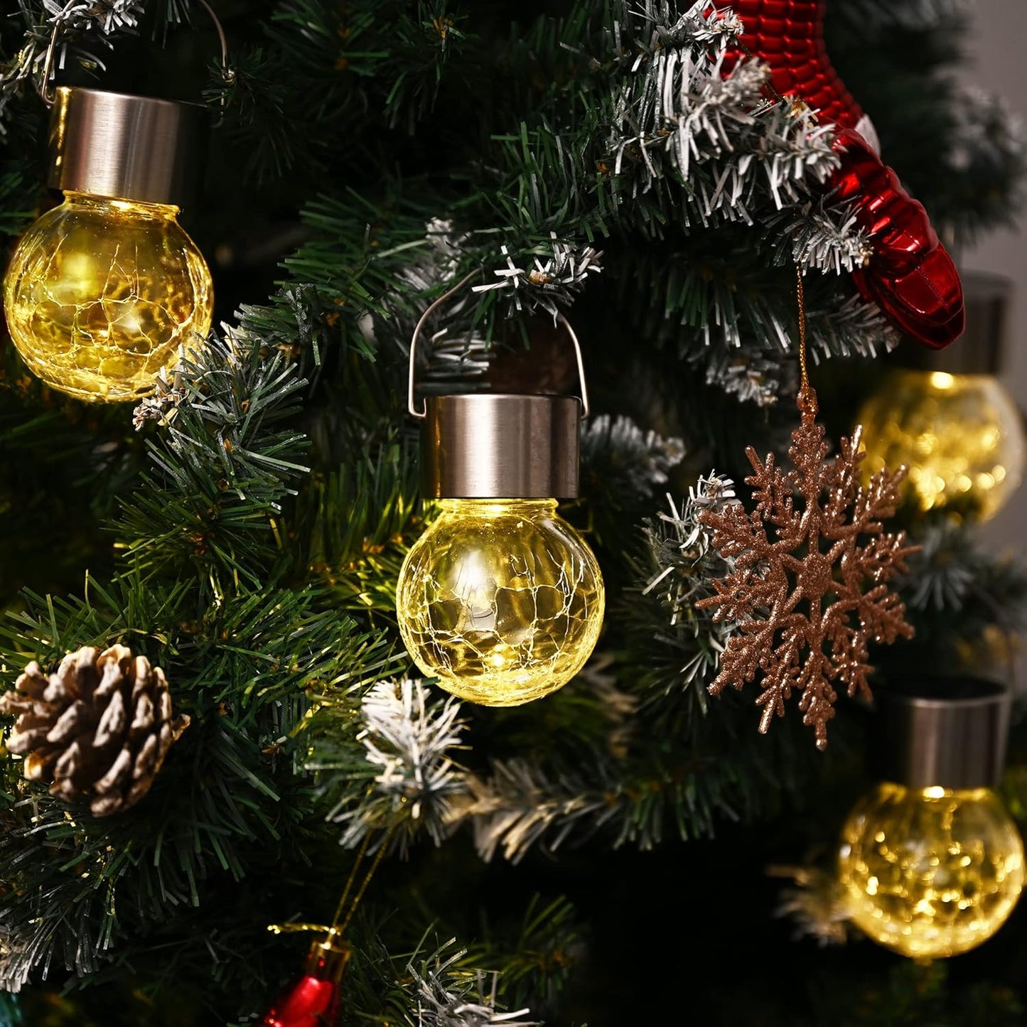 GIGALUMI 16 Pack Solar Hanging Lights for Christmas Decoration - Cracked Glass Solar Lights Outdoor Waterproof for Garden, Yard, Fence, Tree (Warm White)