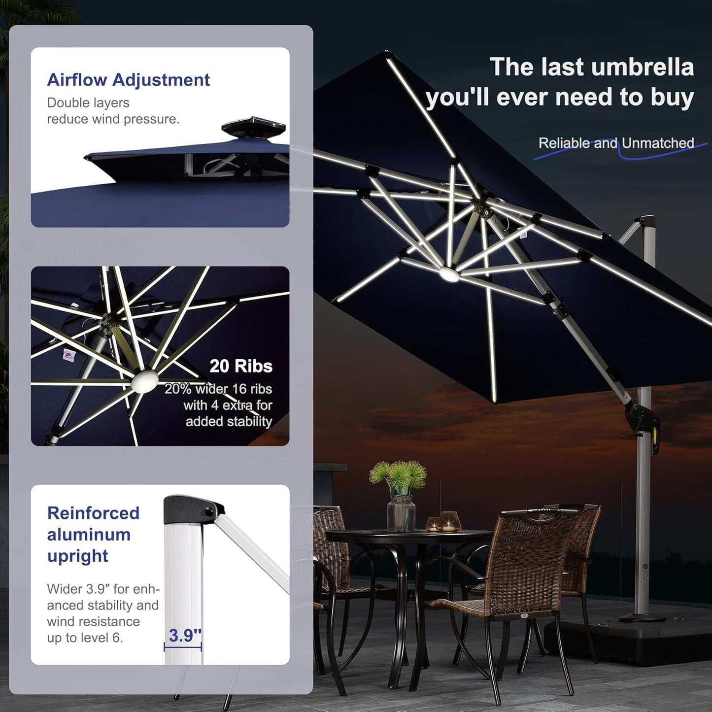 PURPLE LEAF 10 Feet Double Top Deluxe Solar Powered LED Square Patio Umbrella Offset Hanging Umbrella Outdoor Market Umbrella Garden Umbrella, Navy Blue