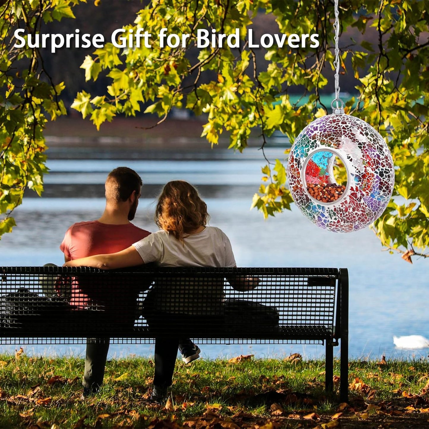 Mosaic Bird Feeders for Outside Hanging with Round Shape Glass Container Fly Through Solar Bird Feeder for Garden Decor (Multicolor)