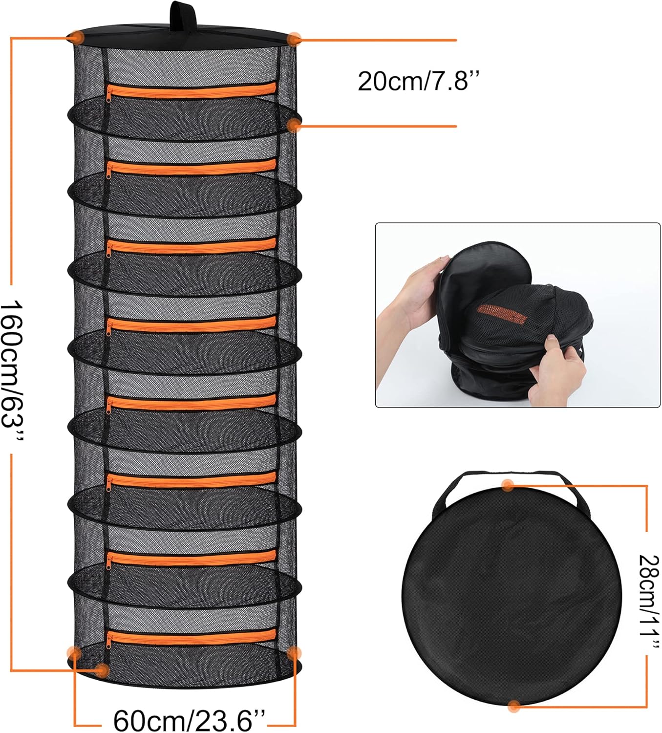 Desy & Feeci Herb Drying Rack-2ft Diameter 8 Layer Folding Mesh Hanging Basket Dryer Net with Zippers for Seeds Flowers Buds Plants Garden Outdoor Bumper Harvest(D24xH31 inch)