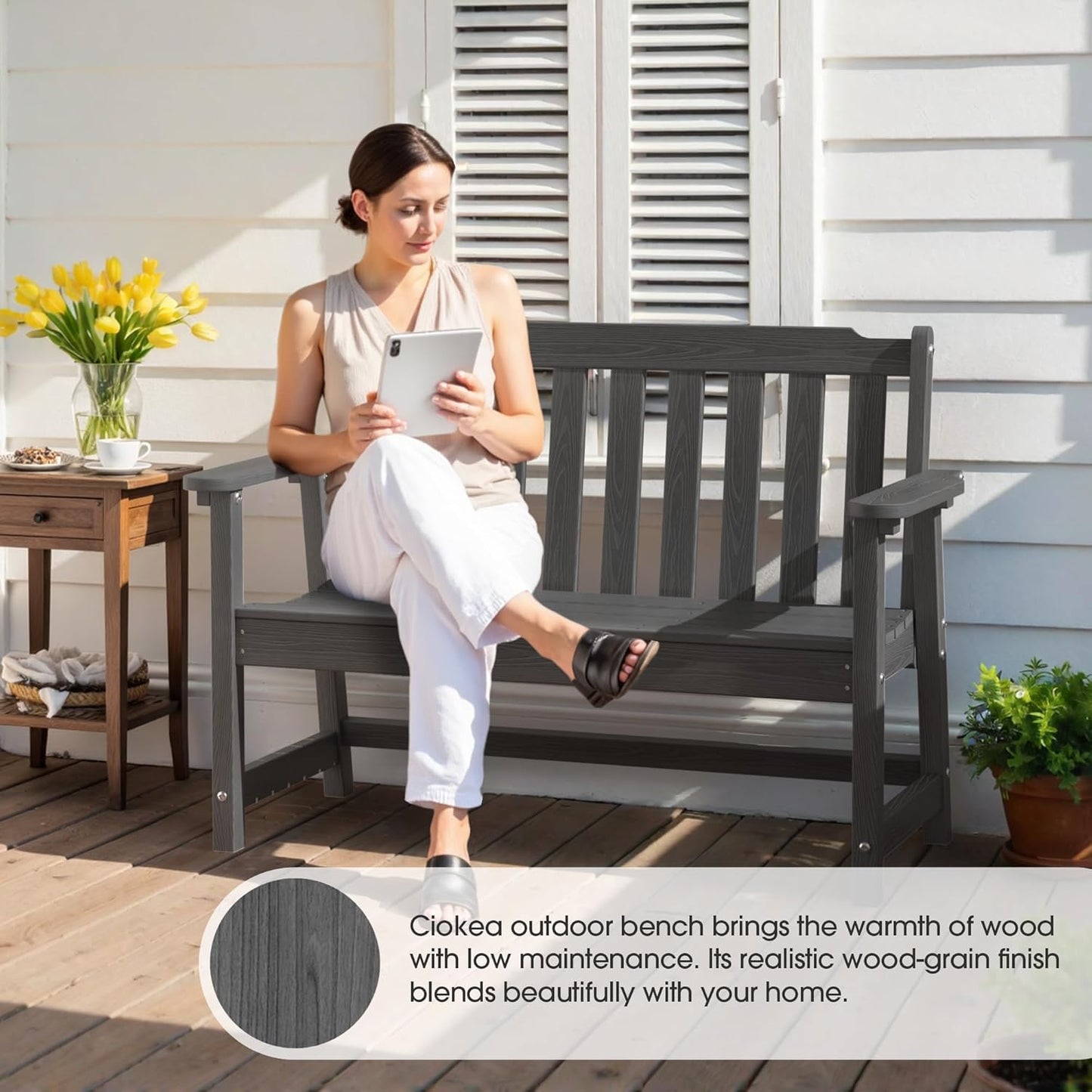 Ciokea 46" Heavy Duty Outdoor Bench Set of 2, HDPE Weatherproof Garden Bench, 2-Person Memorial Benches with 660 Lbs, Waterproof Patio Porch Benches for Outside Business Office Backyard, Dark Grey