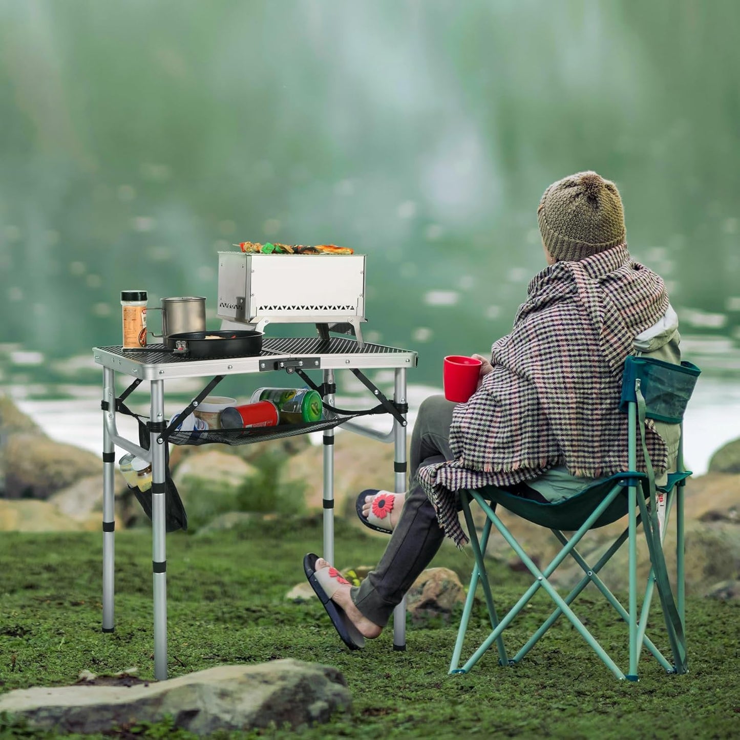 REDCAMP Small Folding Grill Table for Outside, 2Ft Lightweight 4 Height Adjustable Portable Metal Table with Mesh Desktop, Outdoor Table for Camping Picnic Beach and BBQ, Silver