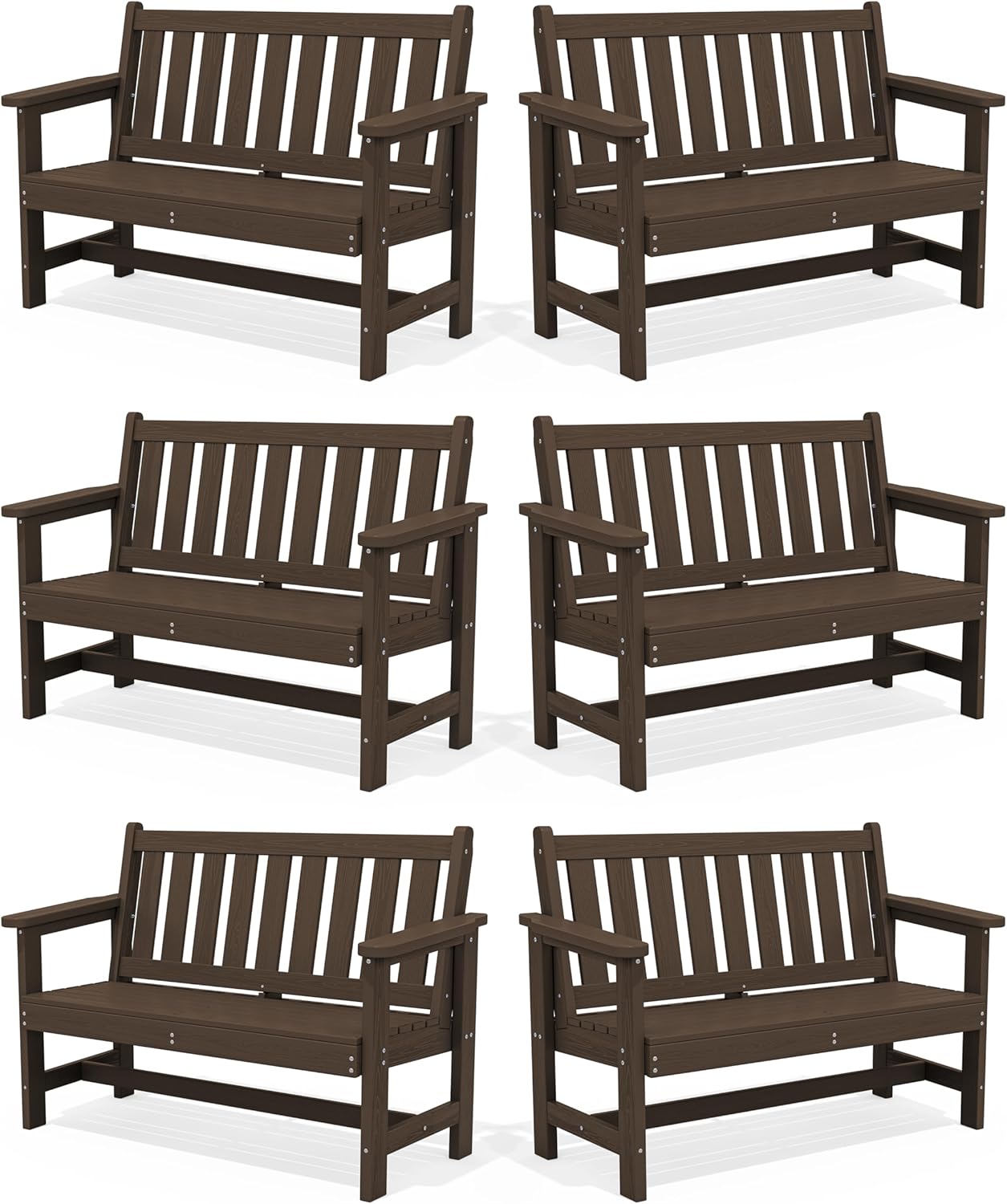 SERWALL Outdoor Bench, HDPE Outdoor Benches Weatherproof, 2-Person Garden Bench with 660 lbs Weight Capacity, Patio Benches for Outdoors, Garden, Porch, Backyard and Park, Coffee, 6 Pack
