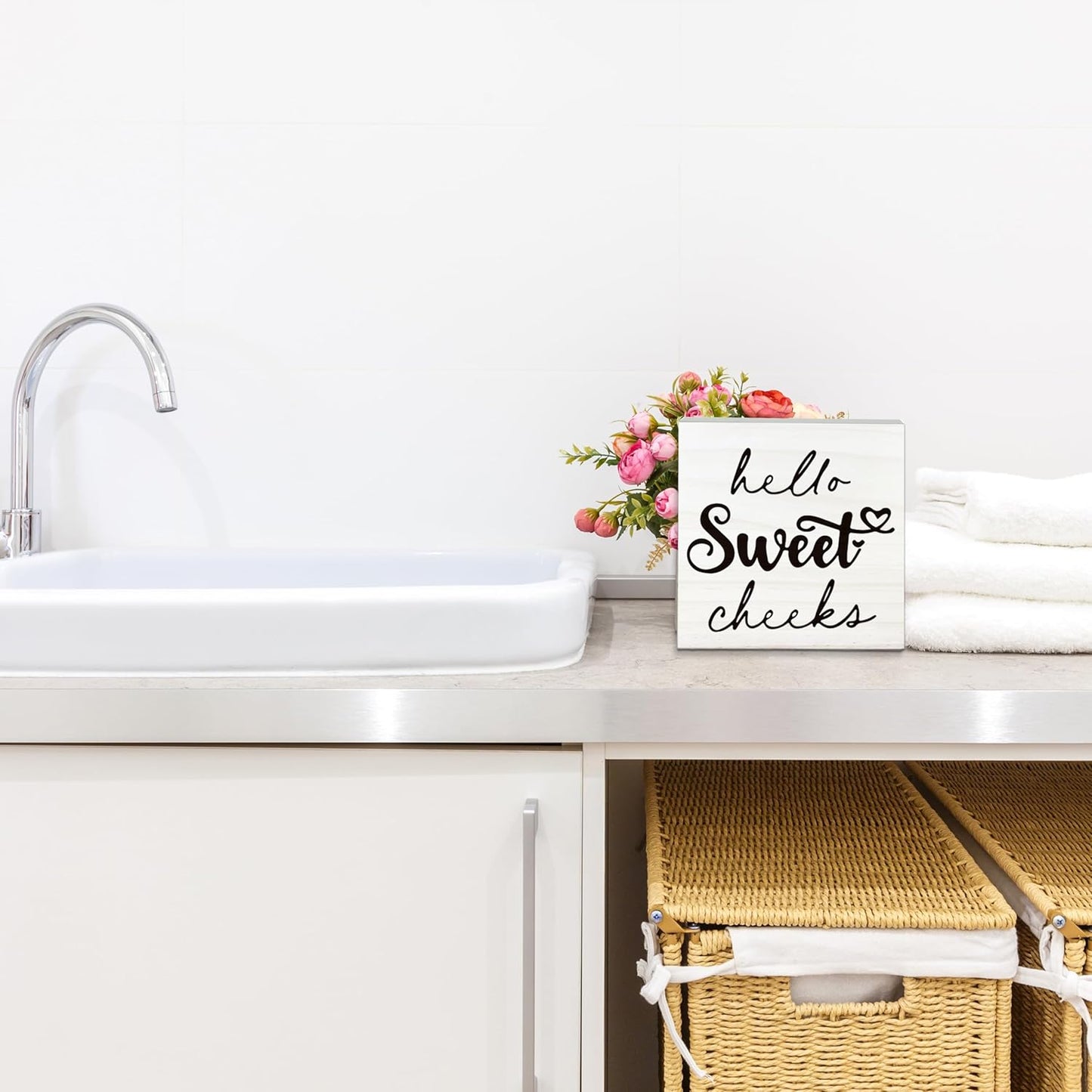 Hello Sweet Cheeks Wooden Sign - Funny White Block Plaque Desk Decoration - 5x5 inches Rustic Wood Block Gifts for Friends Family - Restroom Bathroom Toilet Tabletop Favors & Supplies-A08