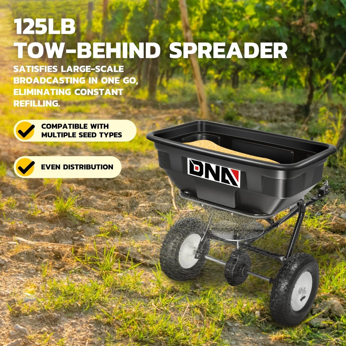 DNA MOTORING Tow Behind Broadcast Spreader, 125 LB / 60L Capacity, Multi Use Tool for Fertilizer, Grass Seed, Salt, Ice Melt, Lawn and Garden Seeder, with Wheels, with Wheels, TOOLS-00612