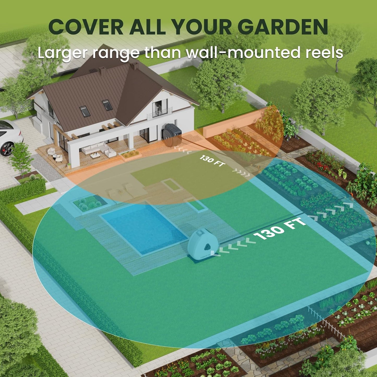 Giraffe Tools Ground Mounted Retractable Hose Reel 1/2 Inch x 130FT, Heavy Duty Automatic Rewind Garden Hose Reel, with Flexible Swivel Base for Lawn, Concrete Floor