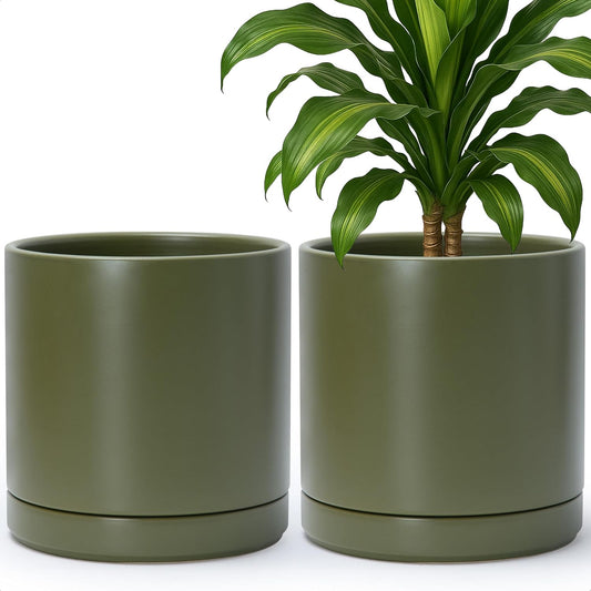 D'vine Dev Set of 2 Plants Pots, 10 Inch Ceramic Planter Pot for Plants with Drainage Hole and Saucer, Olive, 94-V-E-J