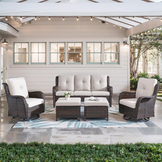 5 Piece Outdoor Patio Furniture Set - Wicker Furniture Patio Conversation Set, Outdoor Swivel Rocker Chairs with 3-Seater Sofa and 2 Ottomans for Small Space, Brown Wicker