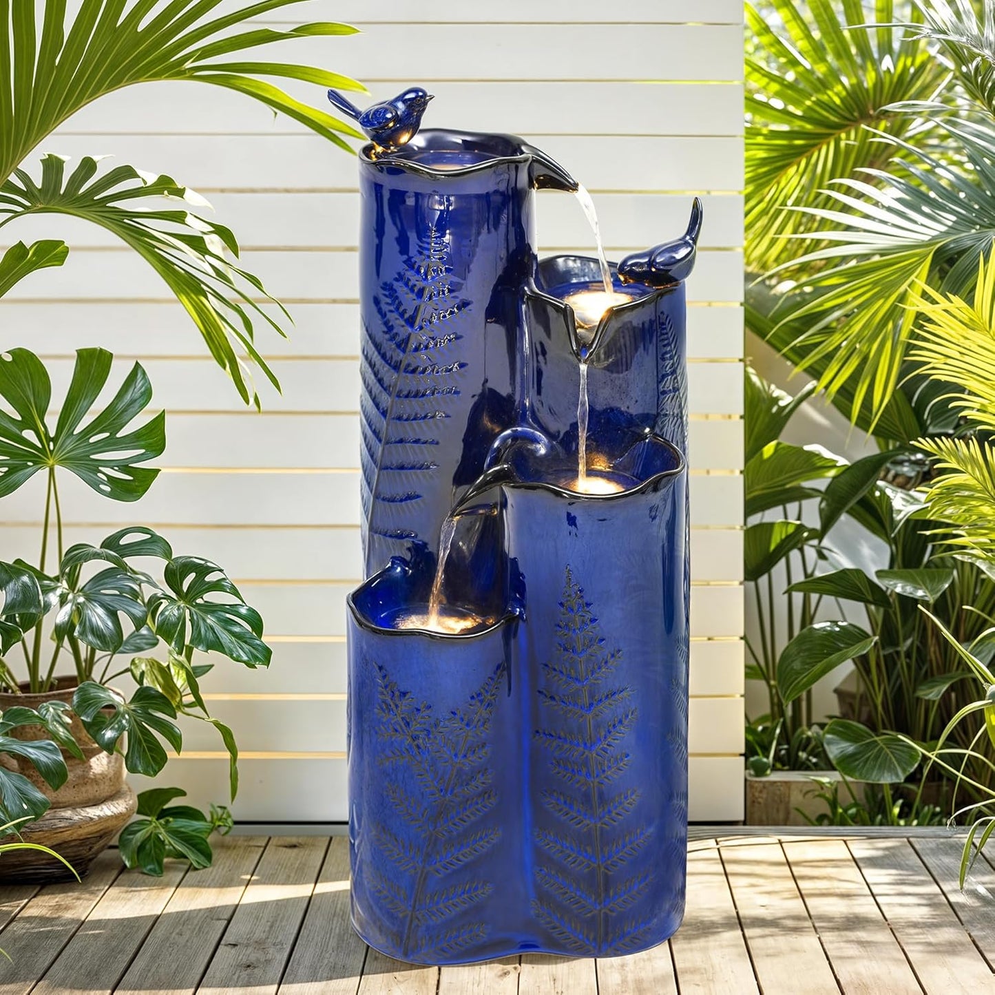 32" H Ceramic Outdoor Water Fountain with LED Lights, 4-Tier Vase Outdoor Fountain, Cobalt Blue Glaze, Embossed Fern Pattern, Cascading Waterfall for Tranquil Garden, Patio, or Porch