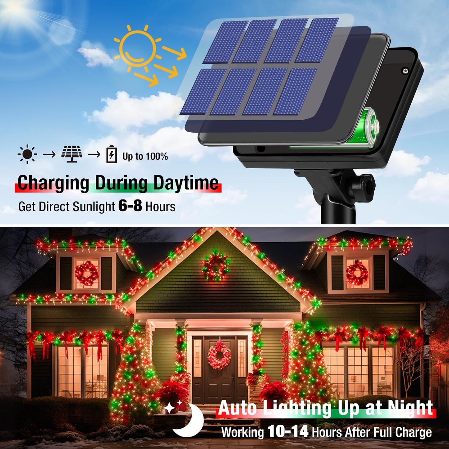 btfarm 2 Pack Solar String Lights Outdoor, 160LED 66FT Solar Fairy Lights Waterproof 8 Modes, Red Green Copper Wire Solar Powered Twinkle Lights for Outside Tree Garden Christmas Wedding Party Decor