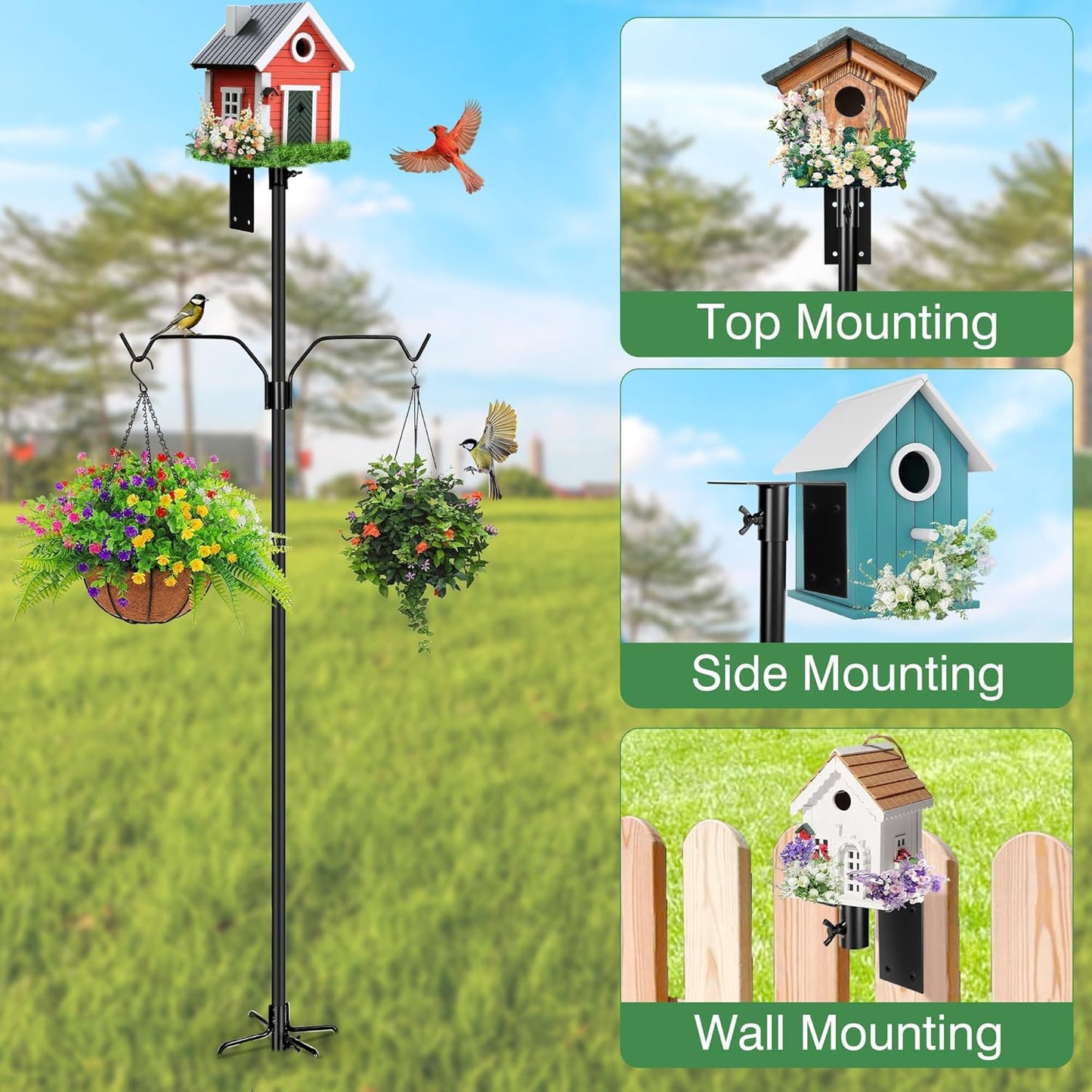Bird Feeder Pole, 79 Inch Heavy Duty Bird House Pole Mount Kit for Outdoors, Adjustable Metal Bird Feeding Stand, with 2-Hooks, 5-Prong Base for Hanging Feeders, Black
