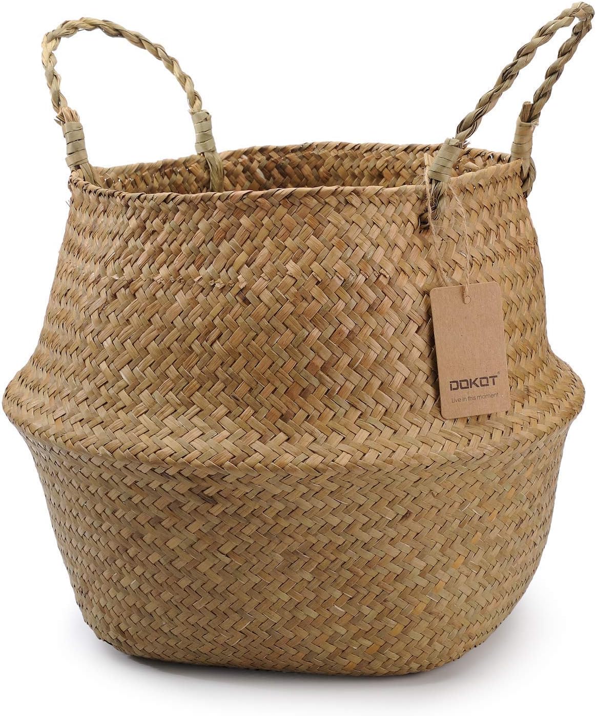 DOKOT Seagrass Plant Basket with Handles, Wicker Woven Storage Basket (8.3inch Diameter x 9inch Height), Natural