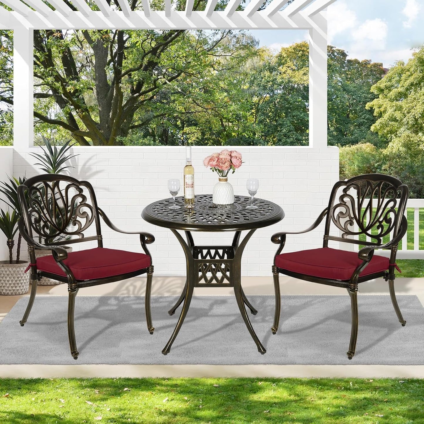 MEETWARM 3 Piece Patio Bistro Set, Outdoor All-Weather Cast Aluminum Dining Furniture Set Includes 2 Cushioned Chairs and a 31” Round Table with Umbrella Hole for Garden Deck, Chili Red