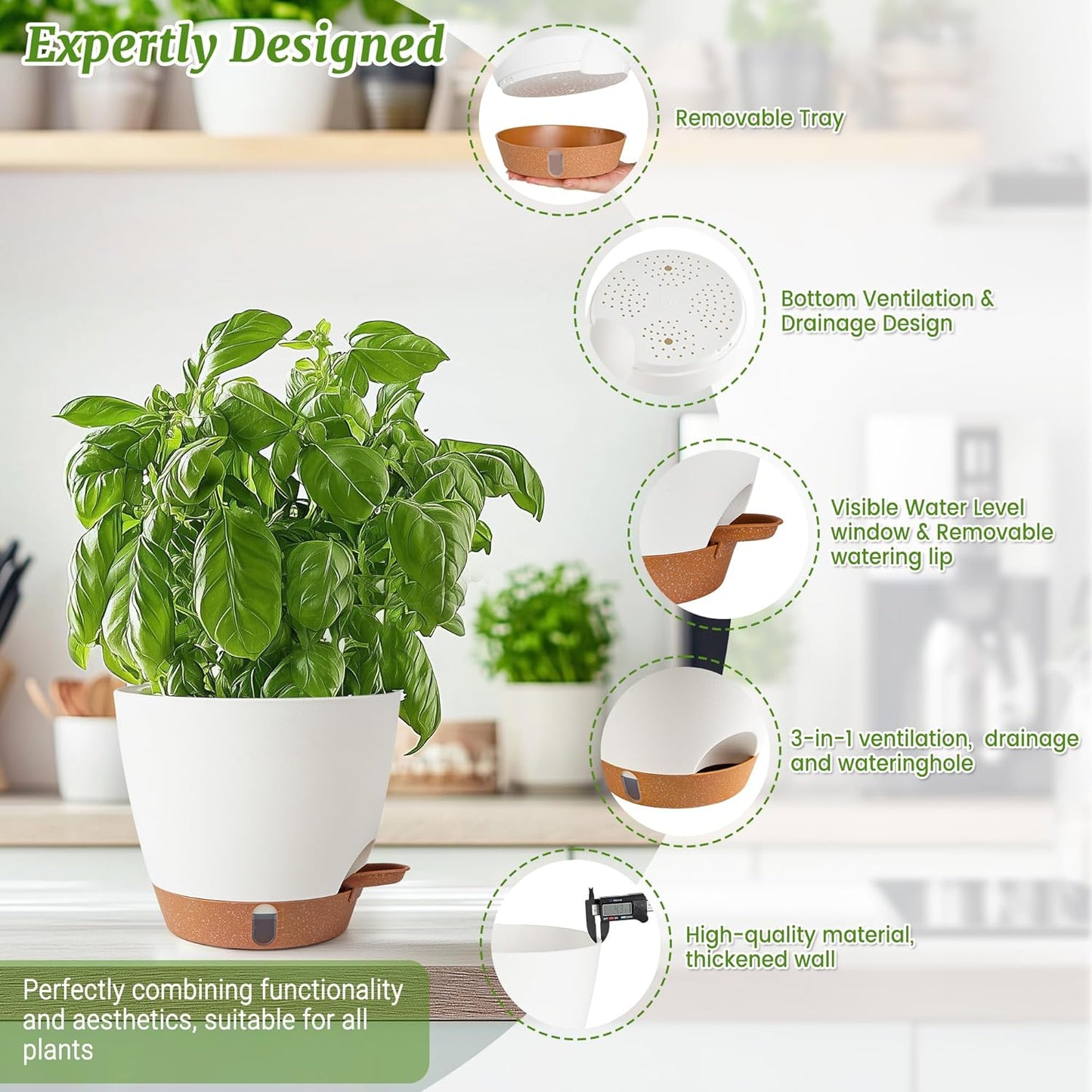 2 Pack 8 Inch Pots for Plants Indoor, Plastic Self Watering Planters with Drainage Holes, Water Level Indicator & Deep Reservoir, Decorative Flower Pots Indoor Outdoor Use (White