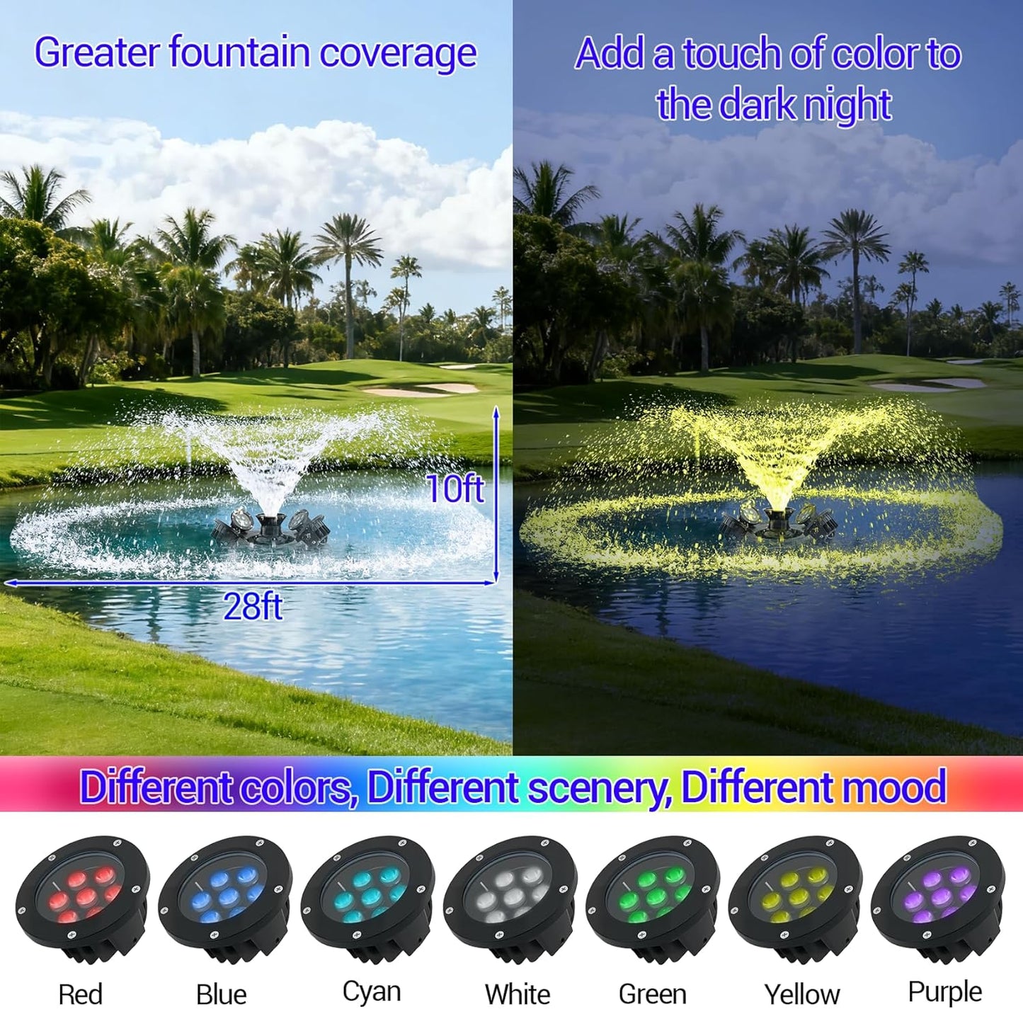 Pond Fountain Aerator with Light RGB LED, 1HP 750W Floating Fountain System for Outdoor Pond Lake, 110V 15000 GPH Fully Automatic Stainless Steel Fountain Pump with 4 LED Lights 100 Feet Power Cord