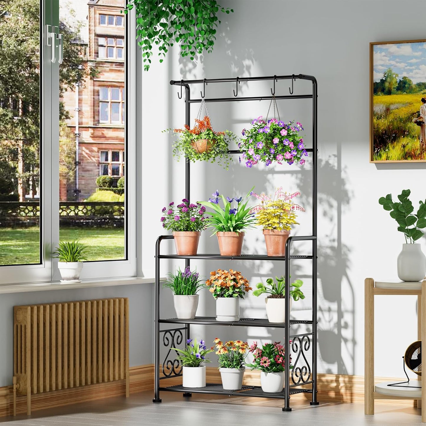 Plant Stand Indoor Outdoor Heavy Duty Metal - 56.4" Tall 3-Tier Shelf for Multiple Plants, Flowers, Rustproof Black Storage Rack for Patio, Balcony, Living Room, Garden, Includes Hooks&Adjustable Feet