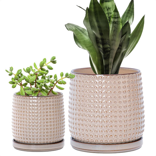 D'vine Dev 6 Inch 4 Inch Ceramic Indoor Planter Pots with Drainage Hole and Saucer, Beaded Design Flower Pots, Set of 2, Light Brown, 27-D-U-4
