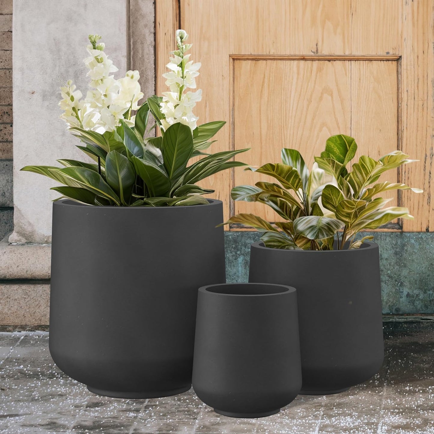 Kante 15.3"+11.6"+8.2" Dia Round Concrete Planter, Large Outdoor Indoor Planter Pots with Drainage Holes and Rubber Plug for Home Garden Patio, Black
