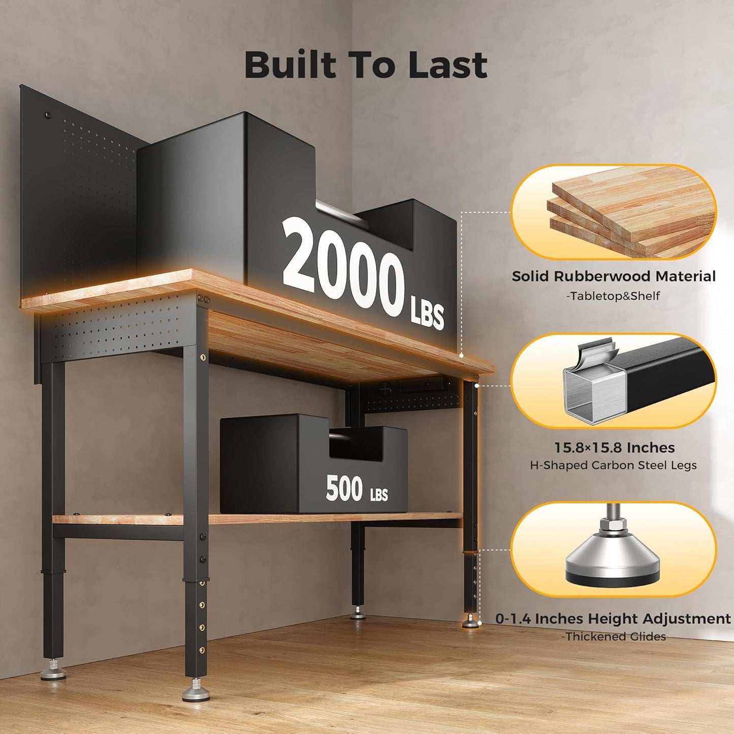 60" Work Bench Adjustable Height with Storage Shelf, Max Load 2000 LBS Heavy Duty Rubberwood Tabletop with Pegboard, LED Light, Built-in Power Strip for Woodworking Shop, Garage, Home